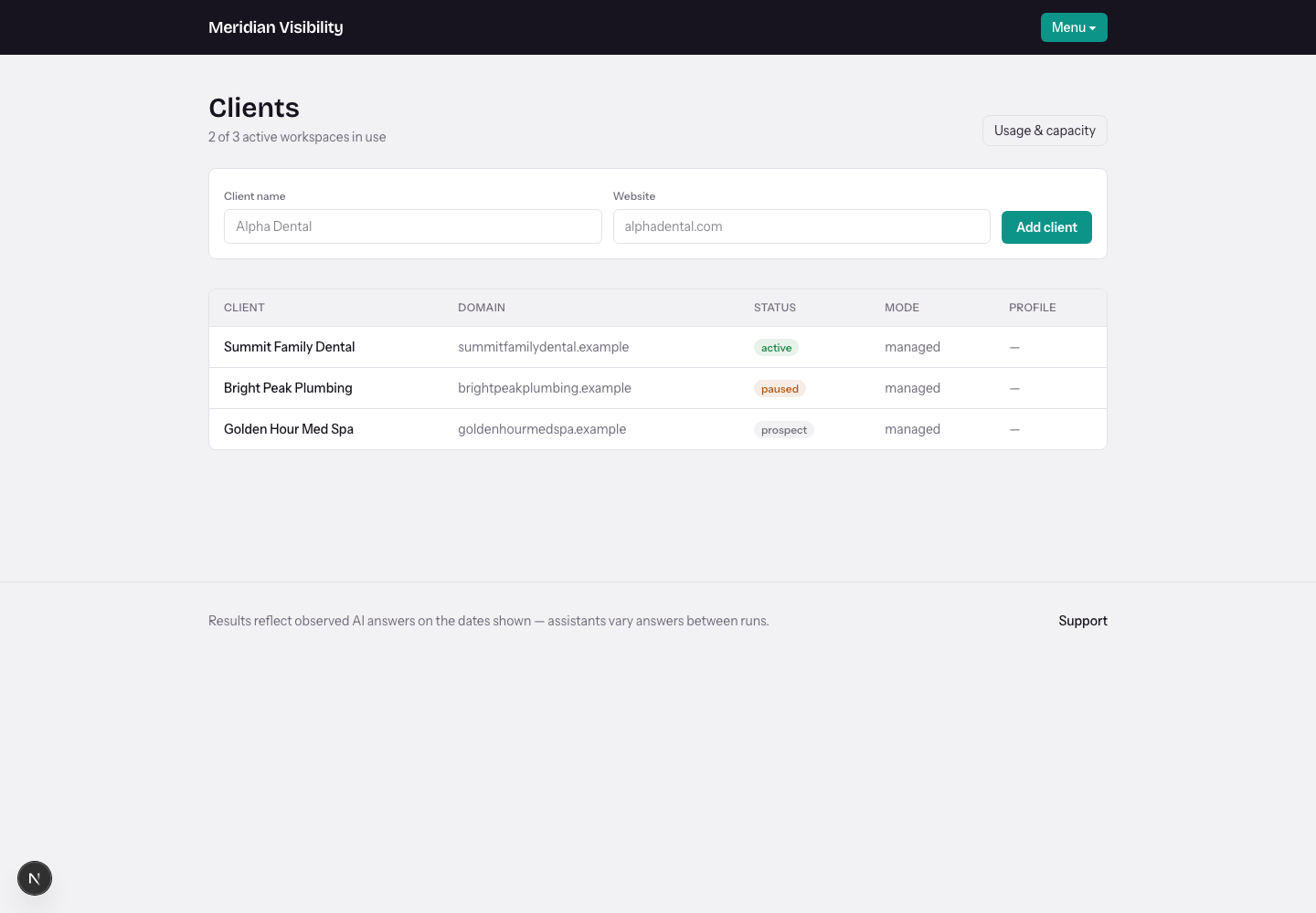 Agency client console showing prospects, active workspaces, and capacity