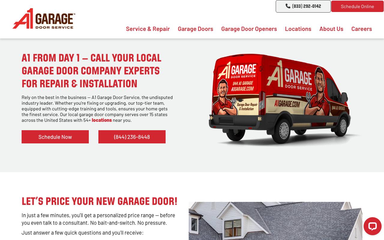A1 Garage Door Service homepage with branded van illustration and a 'Let's price your new garage door' section