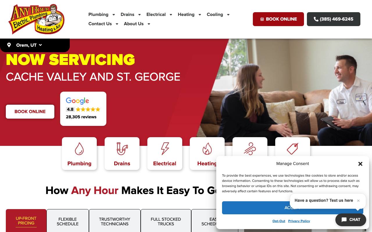 Any Hour Services homepage with Google 4.8 rating across 28,305 reviews and icon tiles for each trade