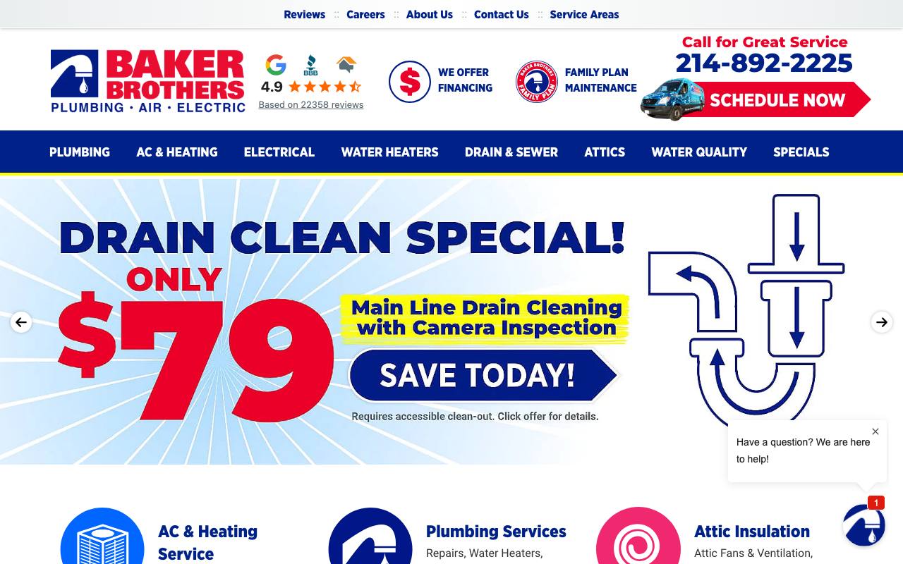 Baker Brothers homepage with 4.9 Google rating badge based on 22,358 reviews and a $79 drain special
