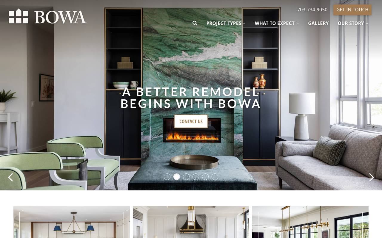 BOWA homepage: luxury living room photography with 'A Better Remodel Begins with BOWA' headline