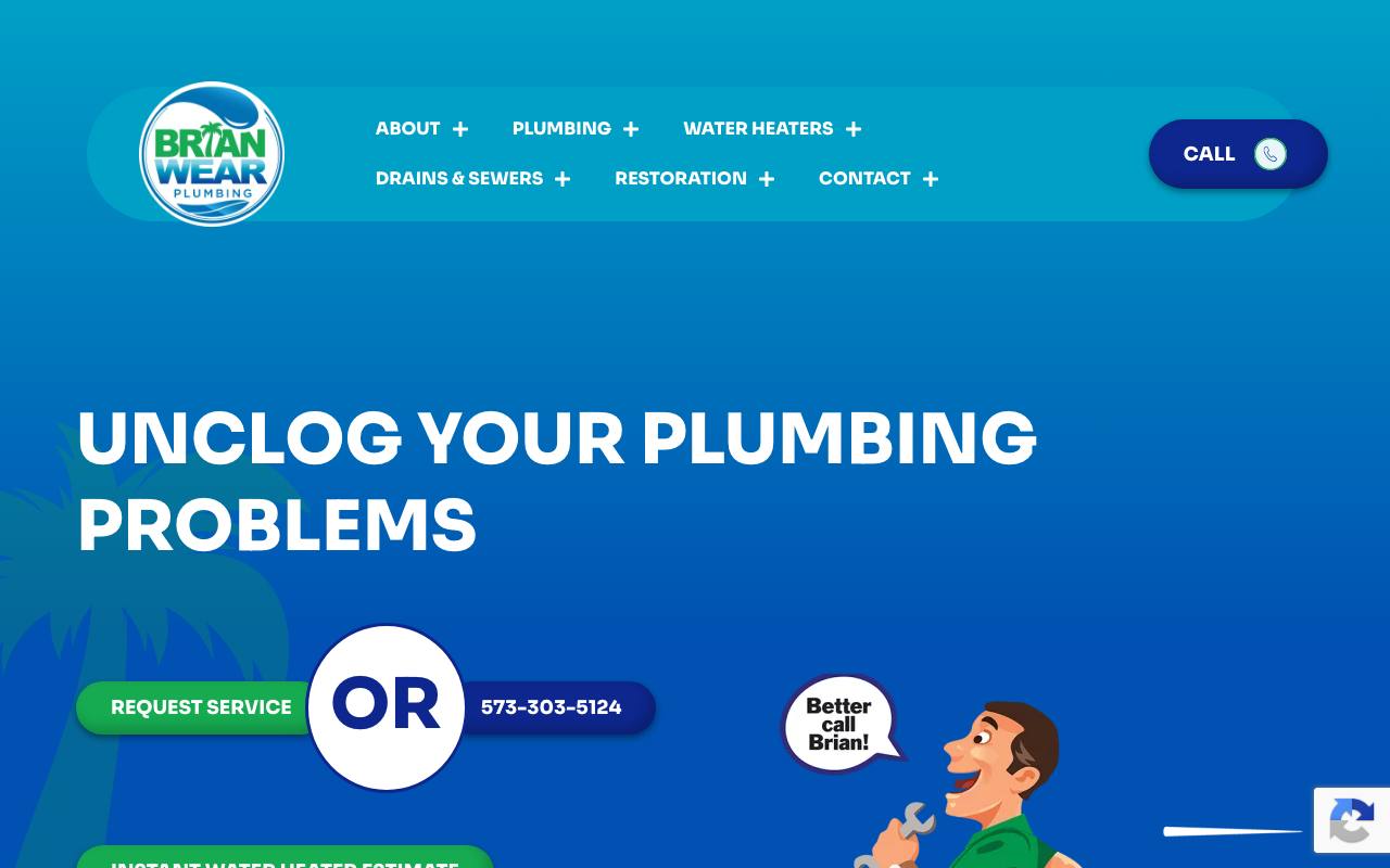 Brian Wear Plumbing homepage identifying a licensed Columbia master plumber