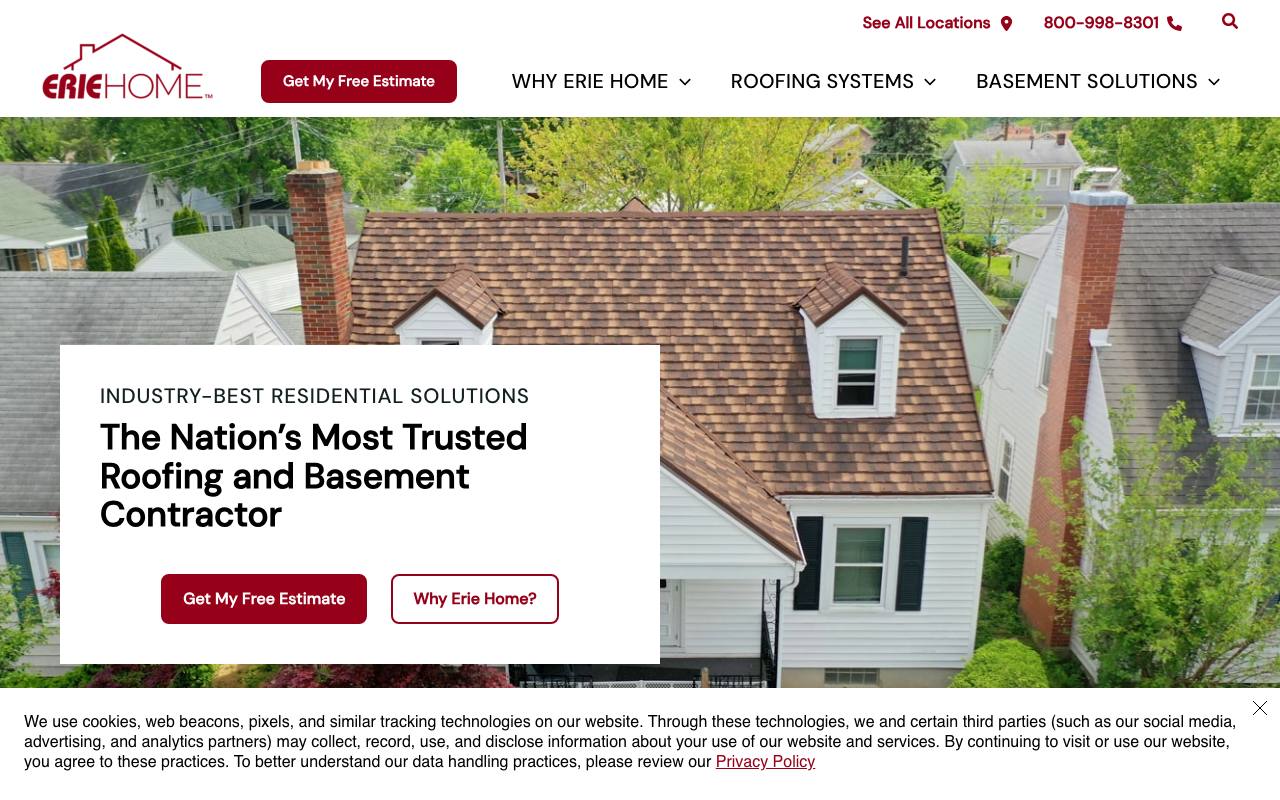 Erie Home homepage with aerial roofing photo and 'Get My Free Estimate' as the dominant action
