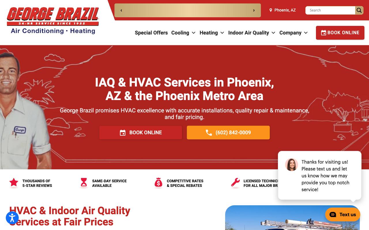 George Brazil homepage with retro illustrated serviceman, Phoenix HVAC headline, and dual book/call buttons