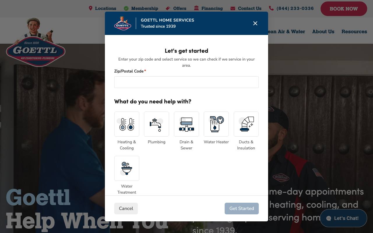 Goettl homepage covered by a 'Let's get started' modal asking for zip code and service type