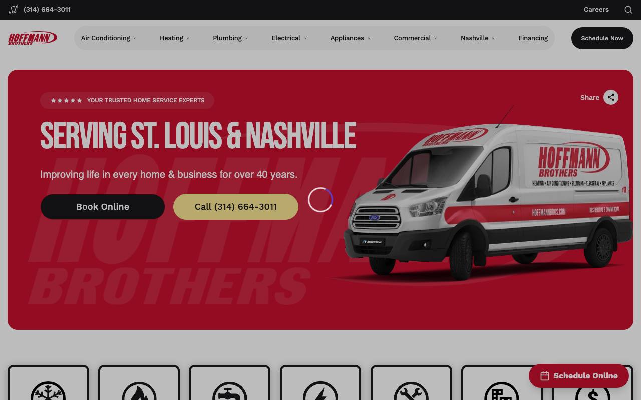 Hoffmann Brothers homepage: bold 'Serving St. Louis & Nashville' headline with branded van on red panel