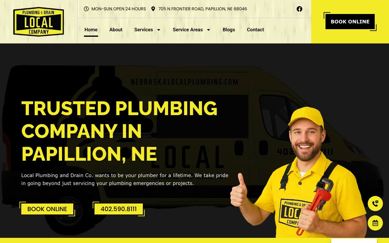 Local Plumbing and Drain Company homepage with Papillion service positioning and booking actions