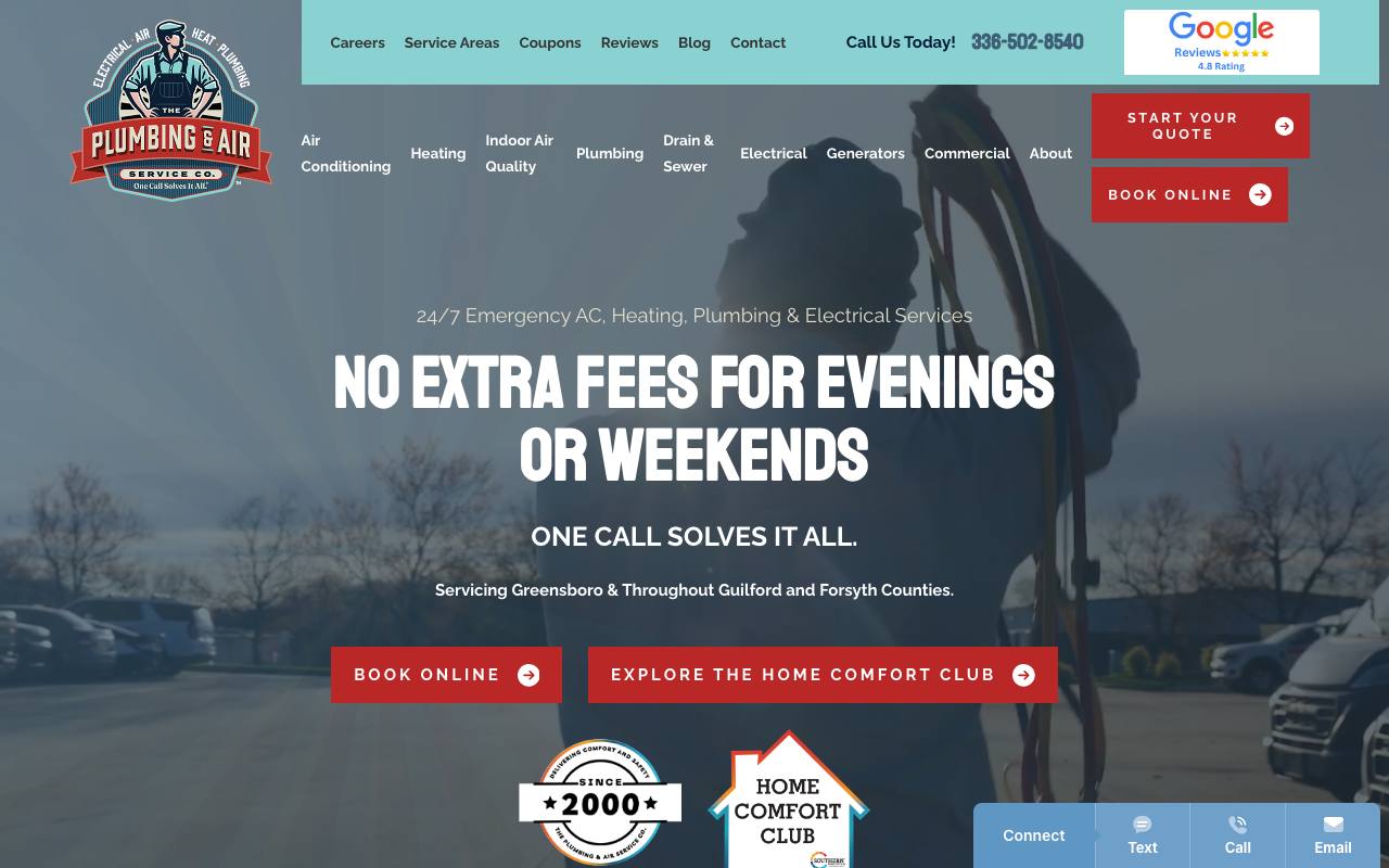 The Plumbing and Air Service Company homepage presenting HVAC plumbing and electrical services