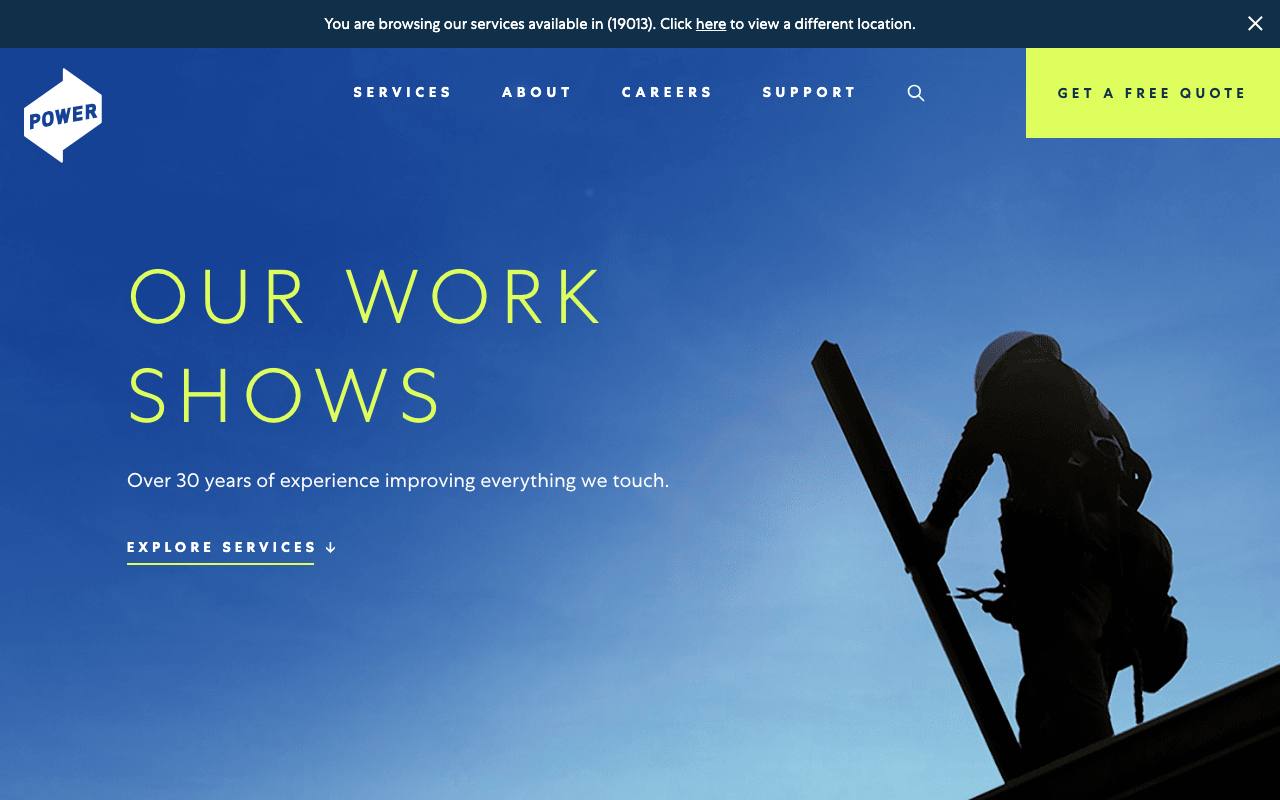 Power Home Remodeling homepage: 'Our Work Shows' in thin type over a silhouetted roofer against blue sky