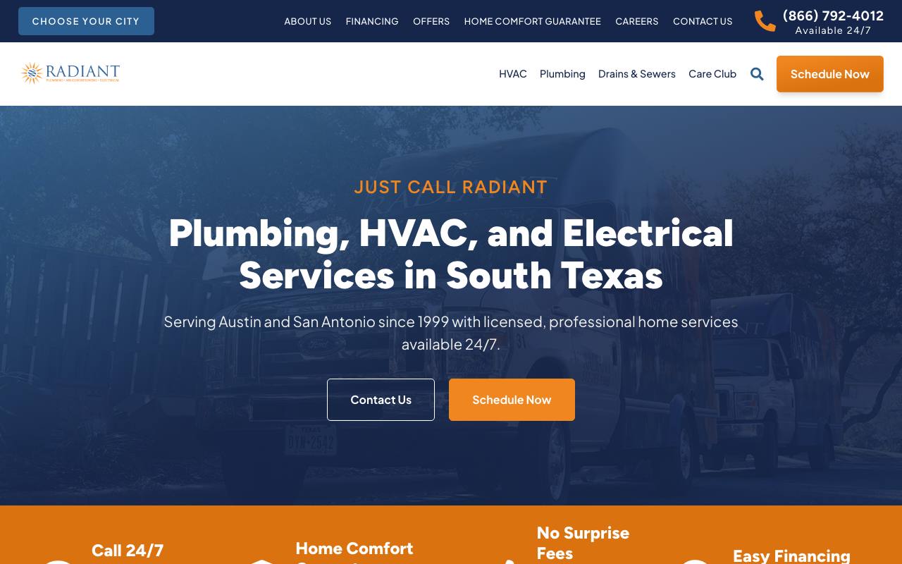 Radiant Plumbing homepage: 'Just Call Radiant' headline over a truck photo with no-surprise-fees value bar