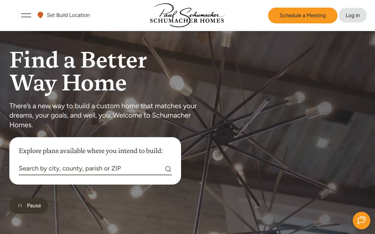 Schumacher Homes homepage with a plan search by city, county, parish, or ZIP