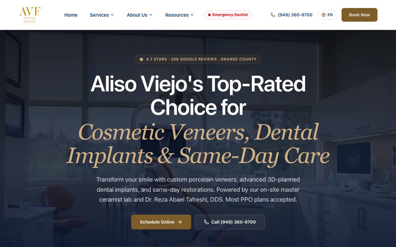 AVF Dental Group homepage with clear Aliso Viejo positioning and patient actions