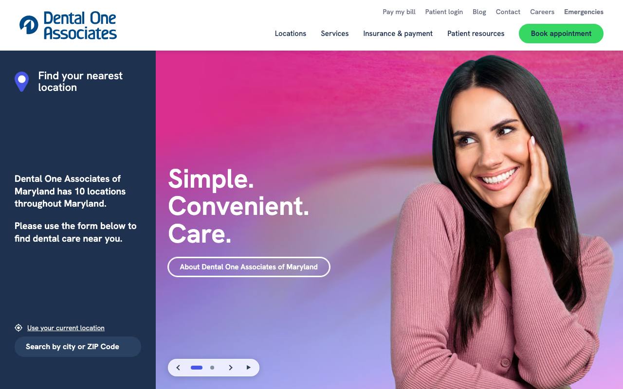 Dental One Associates of Maryland homepage with multi-office dental positioning