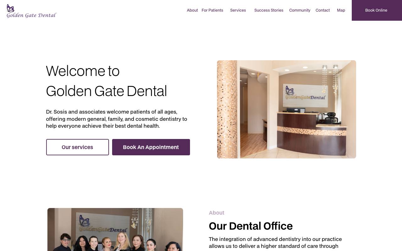 Golden Gate Dental homepage with local branding and services menu