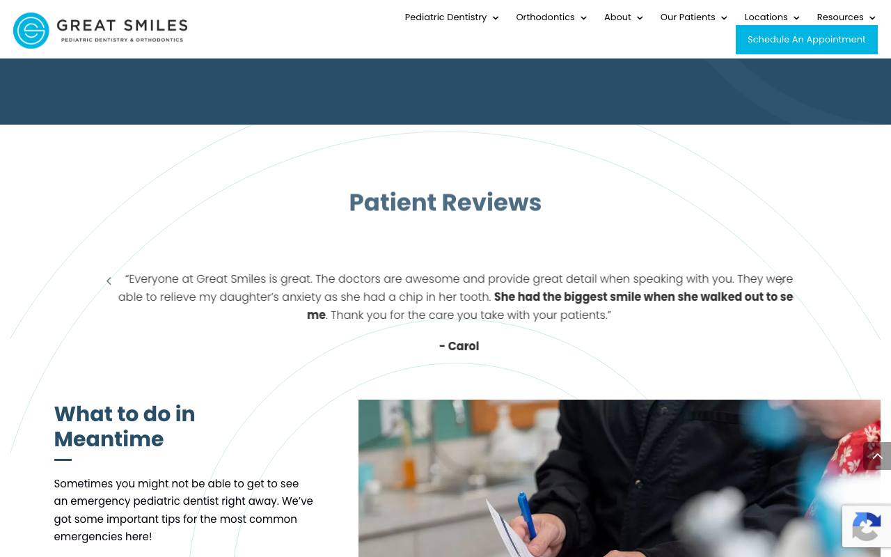 Great Smiles homepage with family positioning and testimonial proof