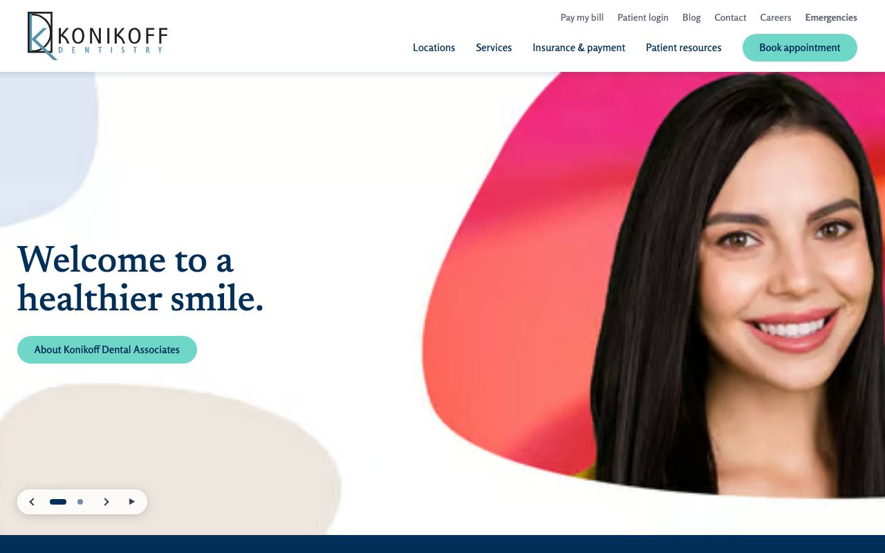 Konikoff Dental Associates homepage showing its Virginia locations and booking path