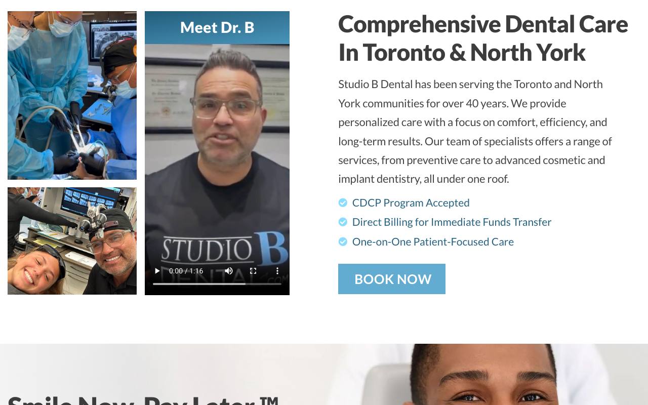 Studio B Dental homepage with clean layout and service focus