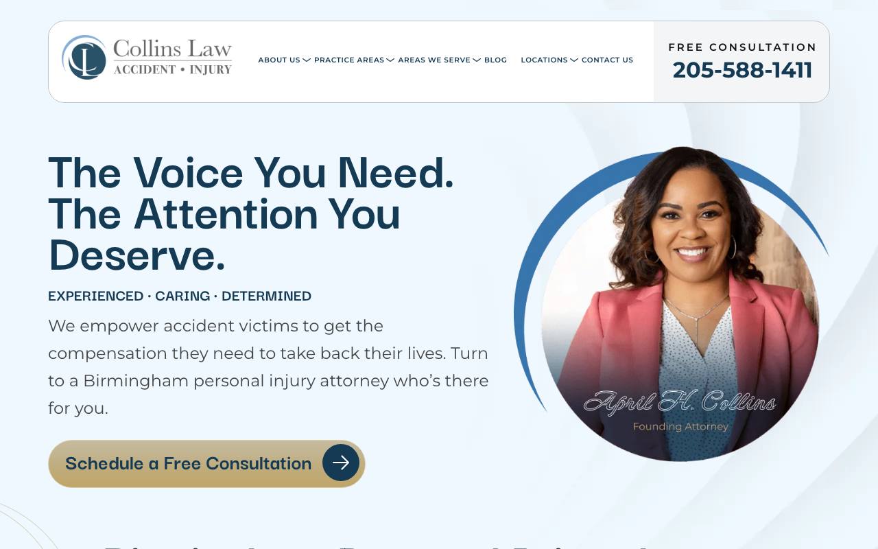 Collins Law homepage with the founding attorney's portrait and a free consultation phone number
