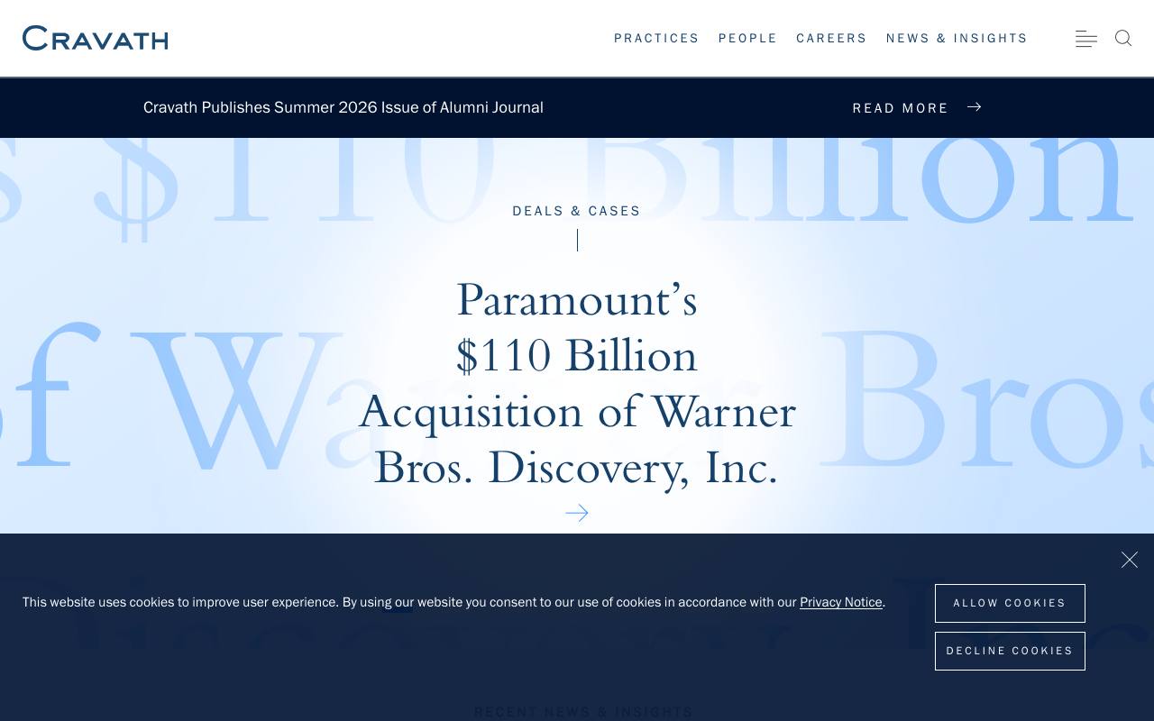 Cravath homepage: serif typography announcing a $110 billion acquisition, no call to action