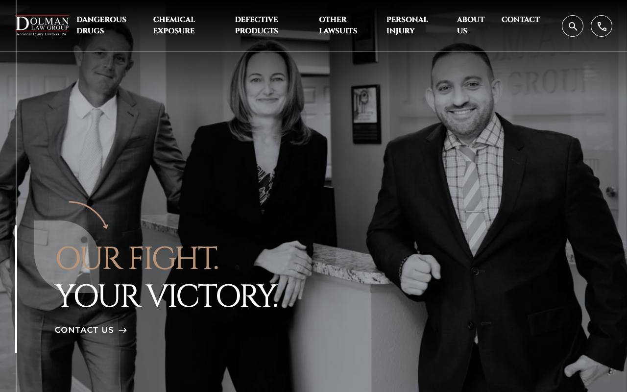 Dolman Law Group homepage: black-and-white photo of the actual attorneys with 'Our Fight. Your Victory.' headline