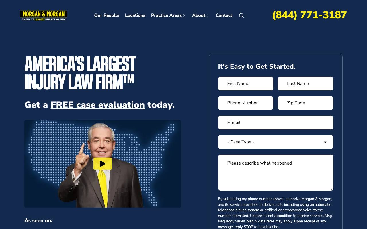 Morgan & Morgan homepage: bold claim headline with a six-field case evaluation form beside it
