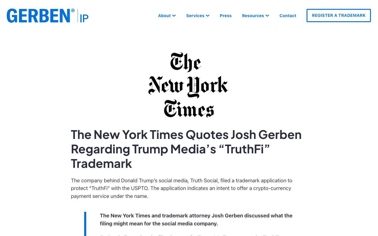 Gerben IP homepage leading with a New York Times logo and a quote from the firm's founder