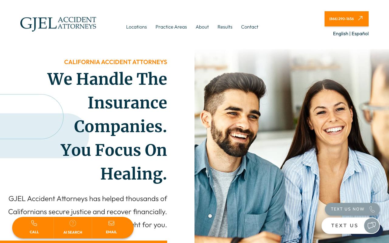 GJEL homepage: outcome-focused headline and a sticky bar with call, AI search, email, and text options