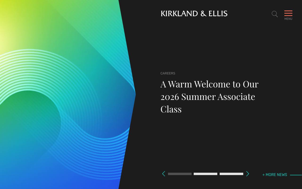 Kirkland & Ellis homepage: dark theme with abstract motion graphic and a careers-focused headline