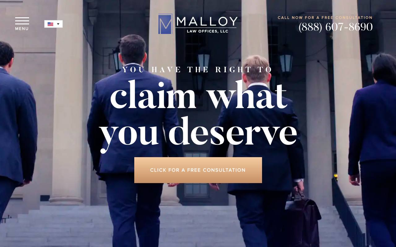 Malloy Law Offices homepage with personal injury positioning and consultation actions