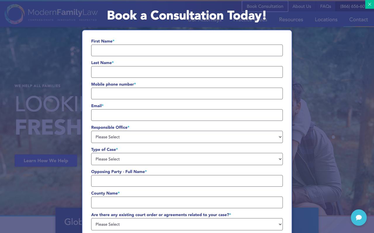 Modern Family Law homepage with a consultation booking modal including case type, county, and opposing party fields