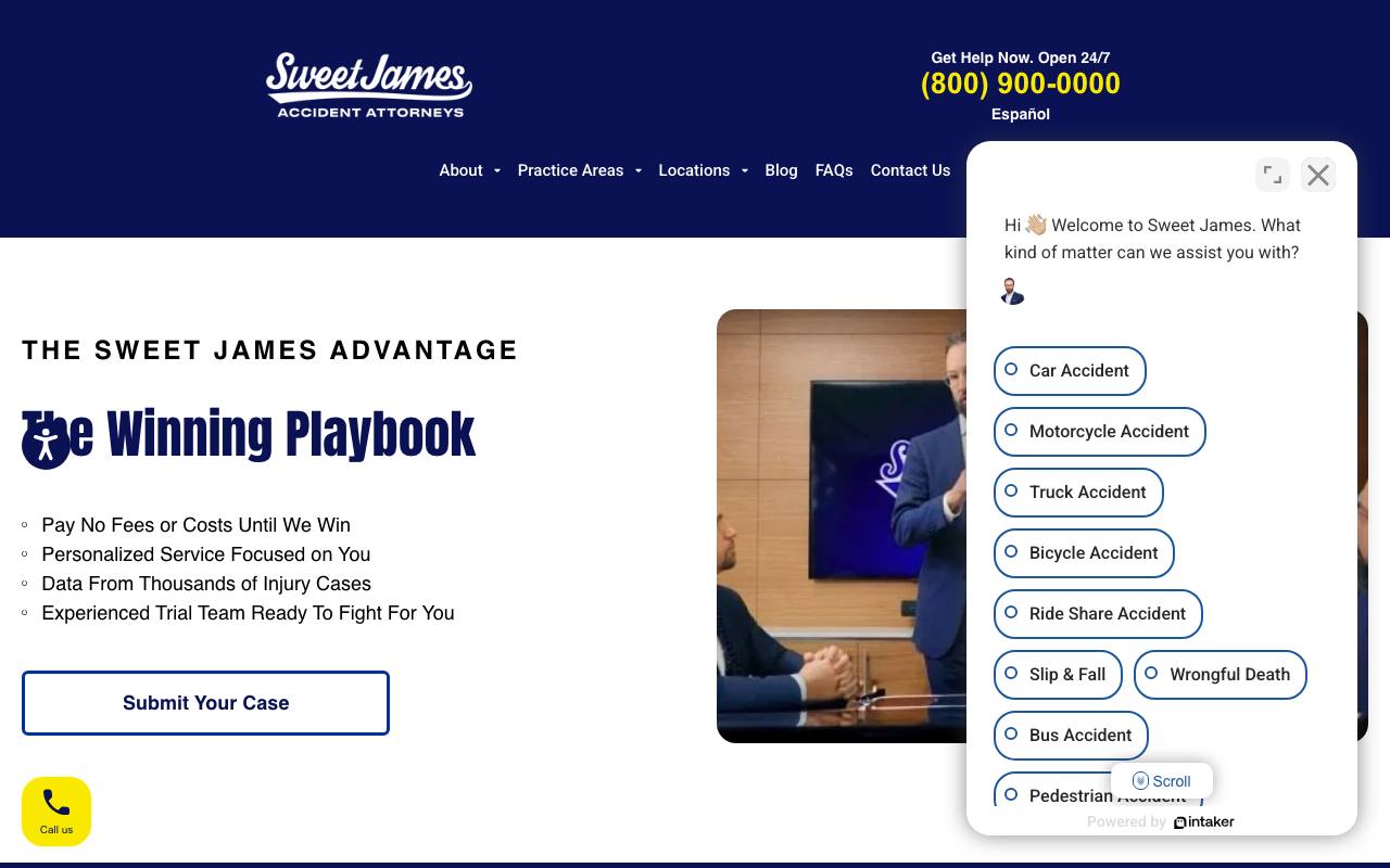 Sweet James homepage with benefit bullets and a chat widget offering case-type quick replies