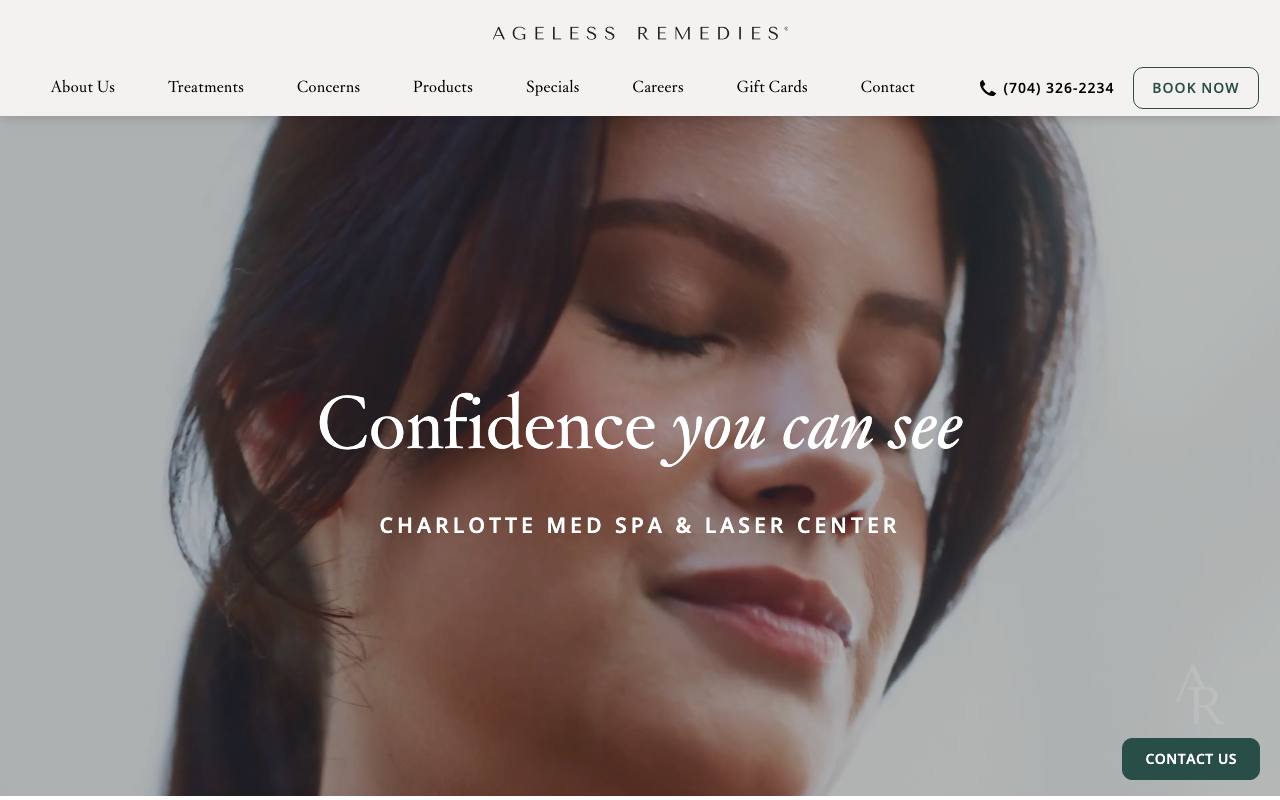 Ageless Remedies homepage presenting Charlotte medical spa and laser services