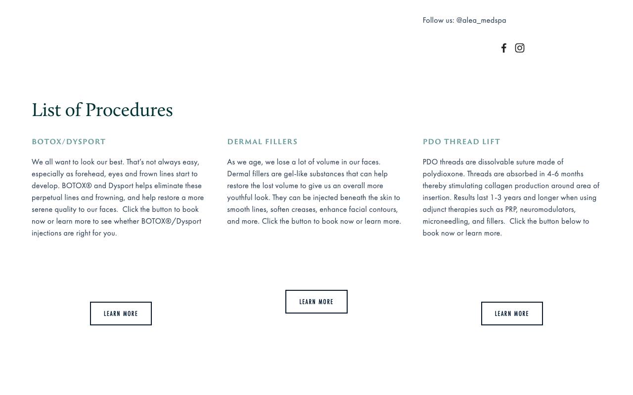 Alea Med Spa homepage with warm photography and treatment navigation