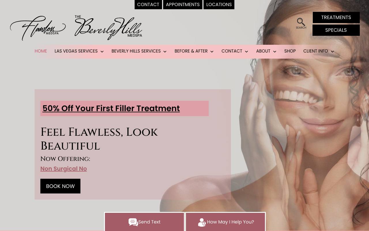 Flawless Med Spas homepage with offer-led hero and booking emphasis