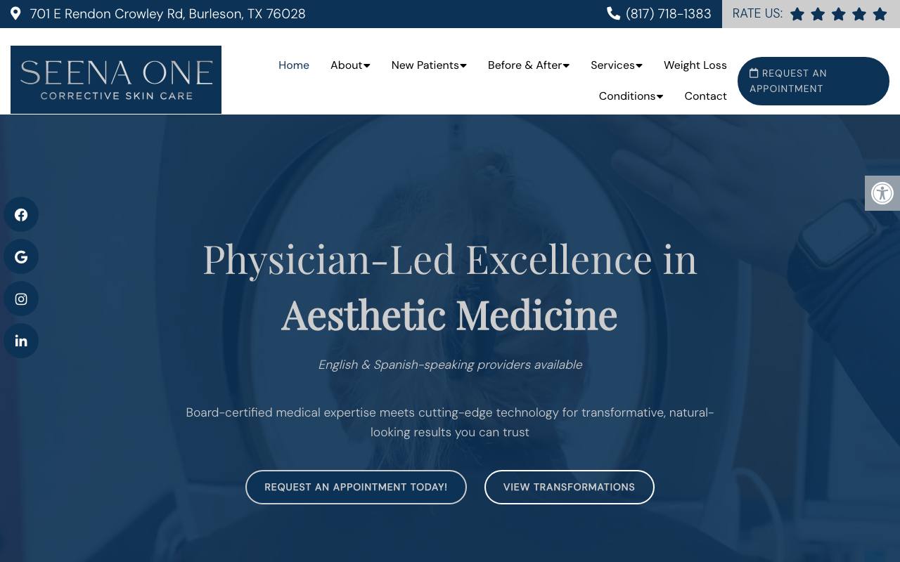 MedSpa at Seena One homepage with Burleson and Fort Worth treatment positioning