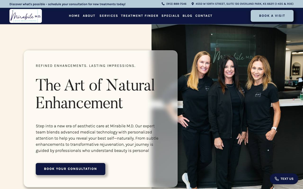 Mirabile MD homepage presenting medical spa and women’s health services in Overland Park