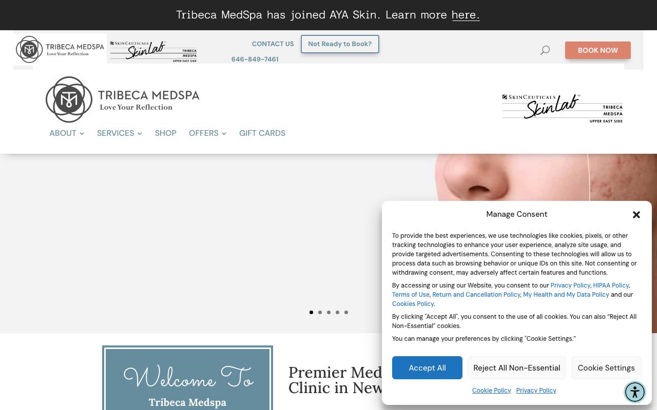 Tribeca Medspa homepage with NYC positioning and service menu