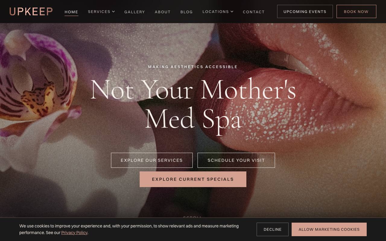 Upkeep Med Spa homepage with membership-forward headline and booking CTA