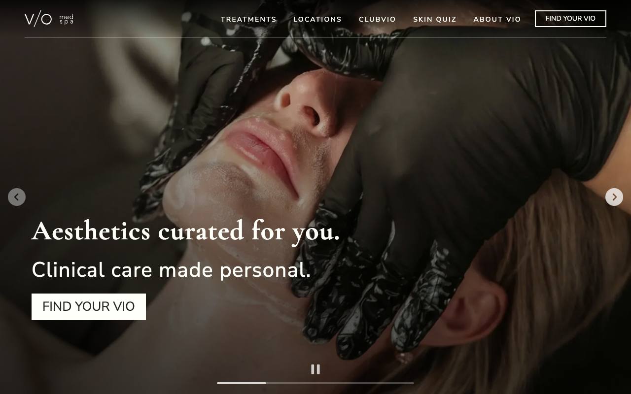 VIO Med Spa homepage with location-forward layout and services