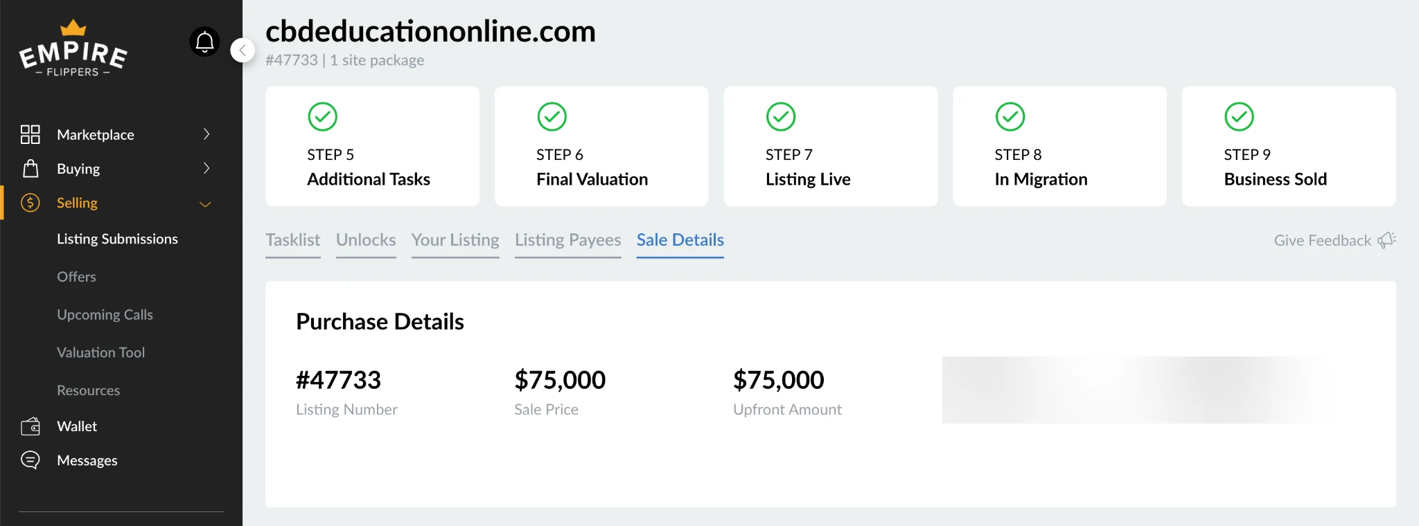 Empire Flippers listing 47733 marked Business Sold with a $75,000 sale price