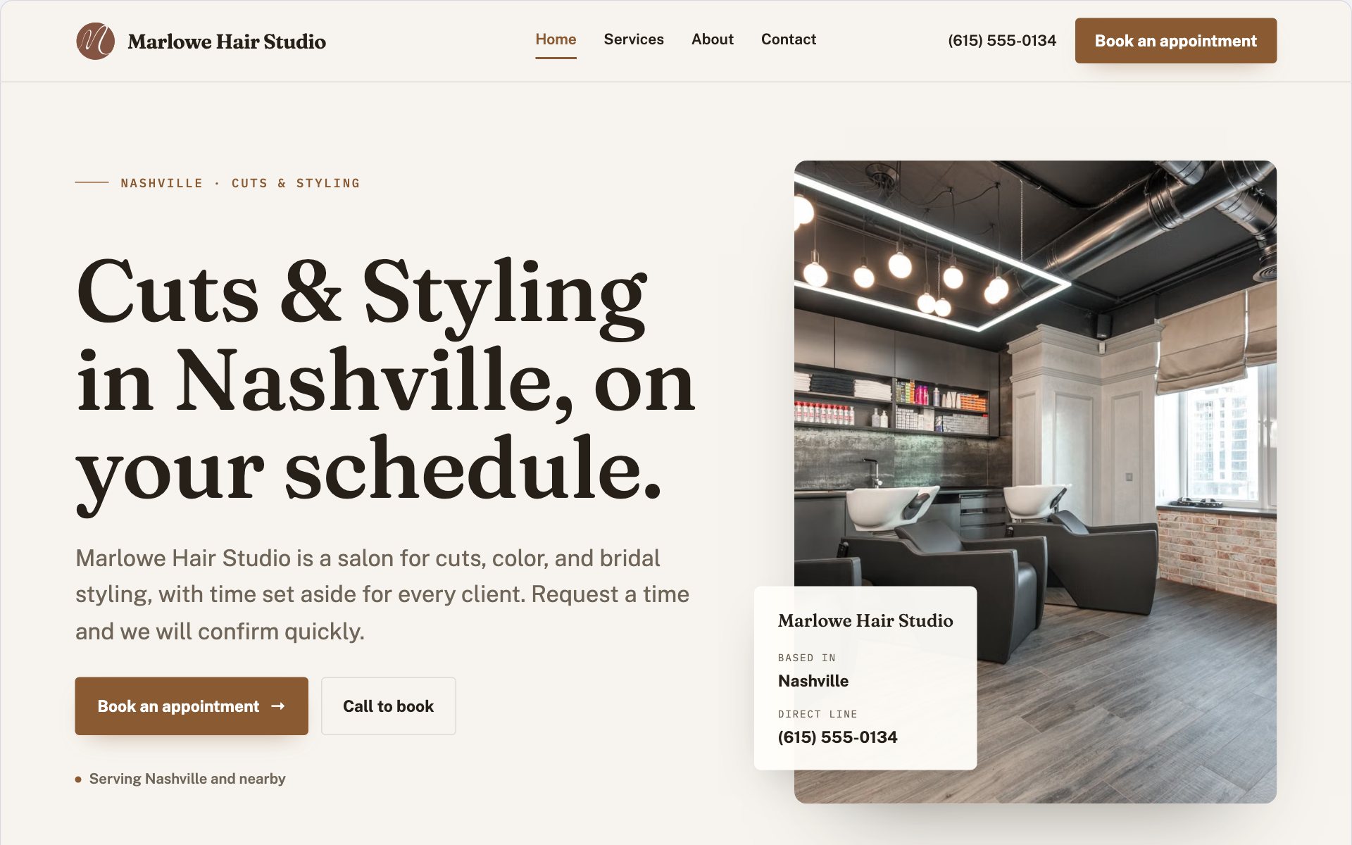 Marlowe Hair Studio demo website built with Routeless Go