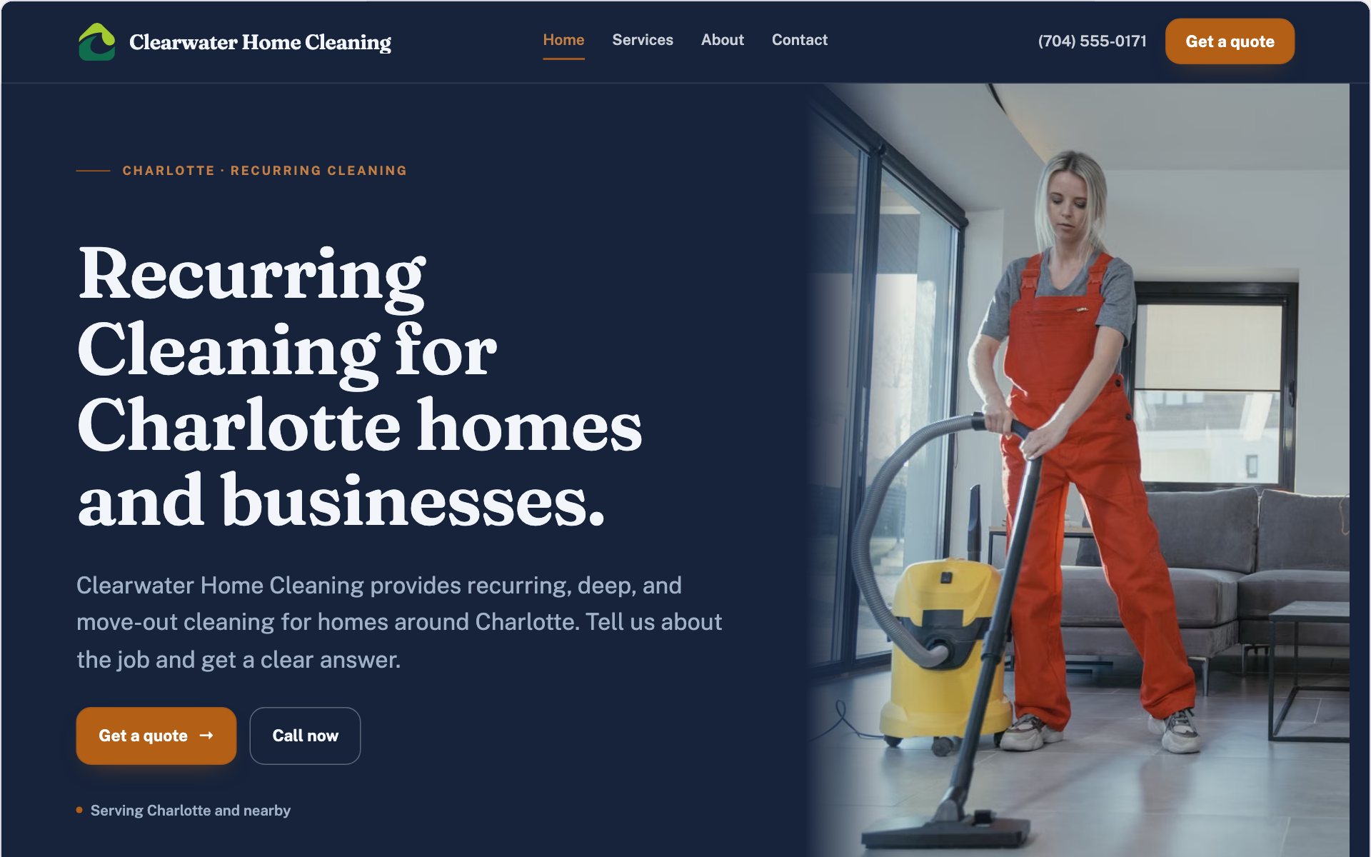 Clearwater Home Cleaning demo website built with Routeless Go