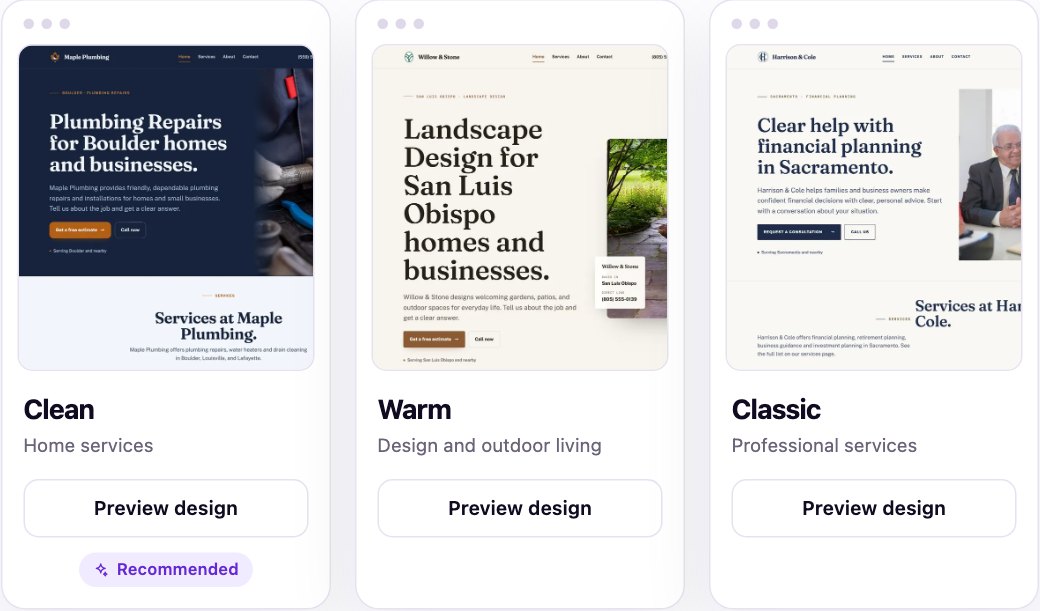 Three Go website designs for one business, shown side by side