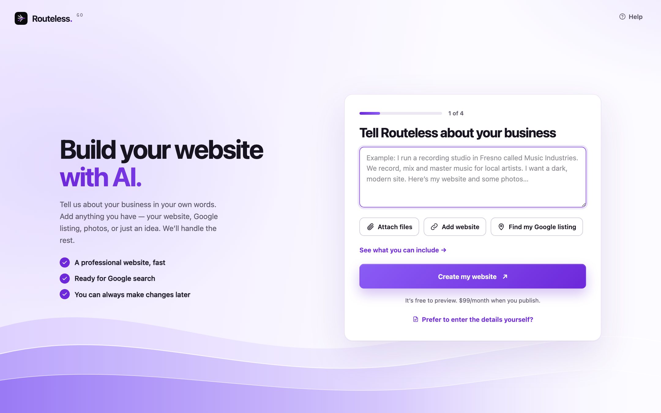 Step one of the Go preview: business name and a short description, with a sample design beside the form