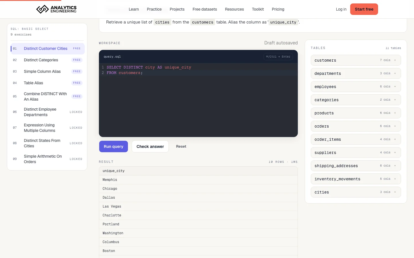 Analytics Engineering SQL exercise with a query and its results