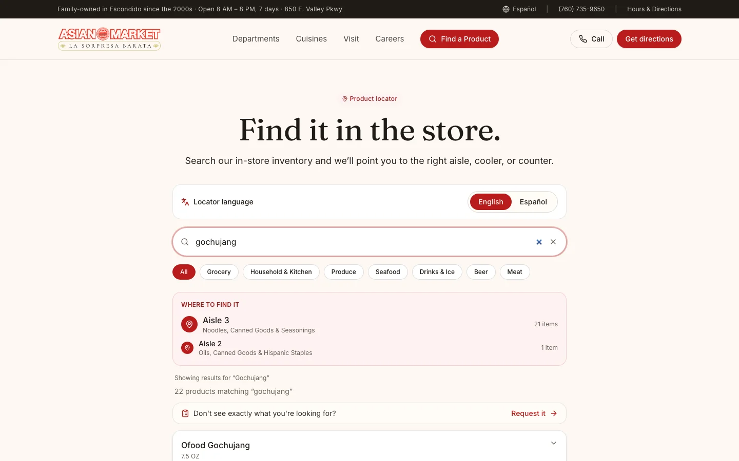 Asian Market Escondido product locator showing the aisles where gochujang is stocked