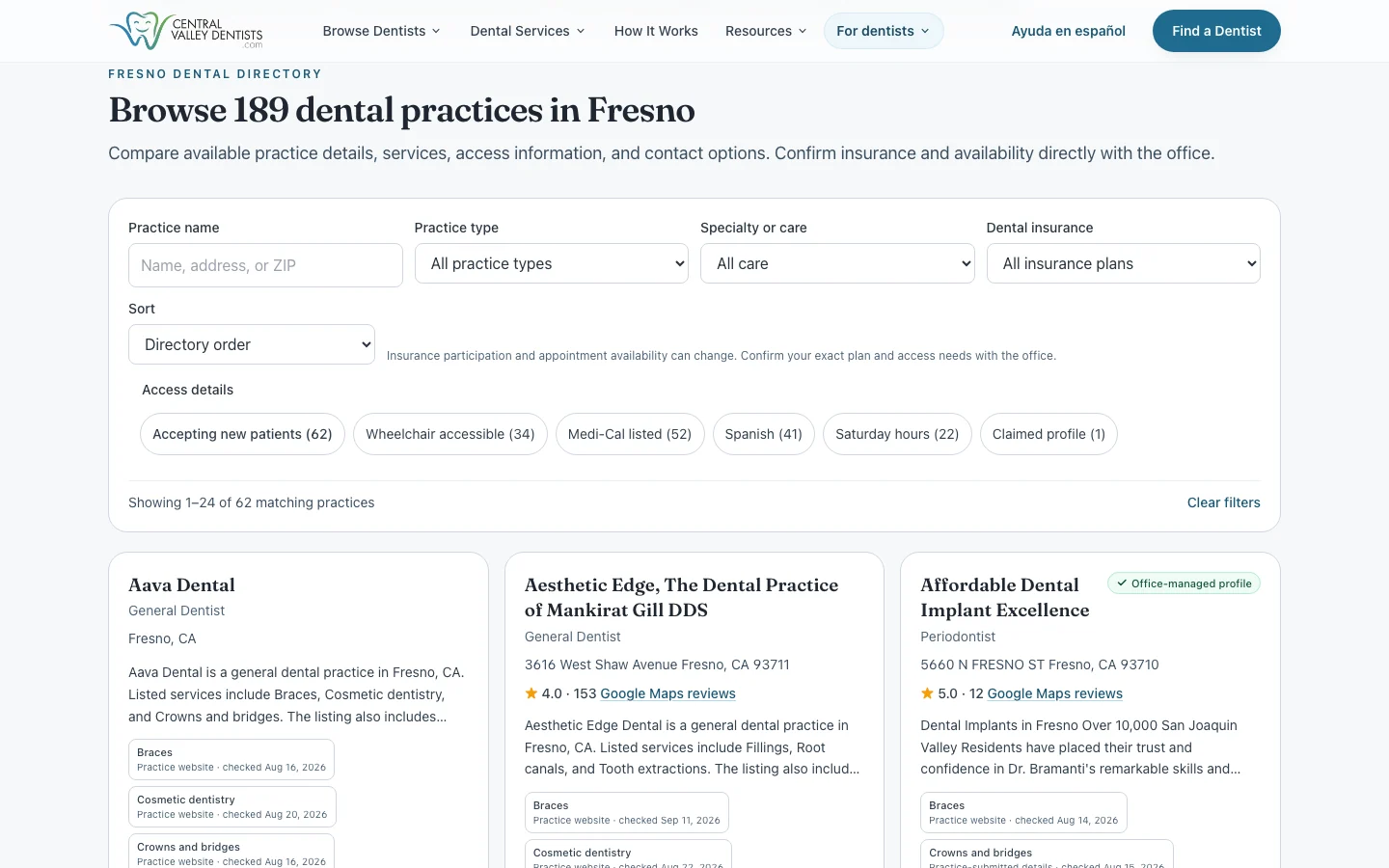 Central Valley Dentists directory for Fresno with filters for insurance, specialty and access details