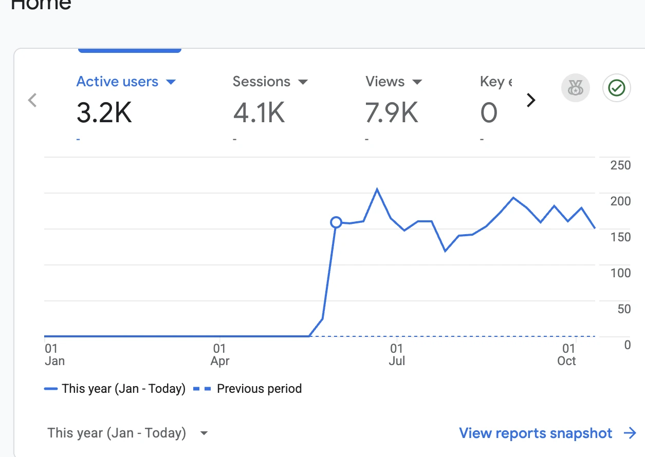 Google Analytics home report for Asian Market Escondido: 3,200 active users, 4,100 sessions and 7,900 views this year